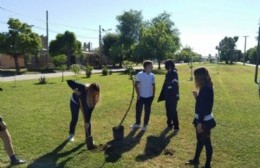 Alumnos y alumnas de la Escuela Nuestra Señora de Luján plantaron árboles en el bulevar Scalabrini Ortiz