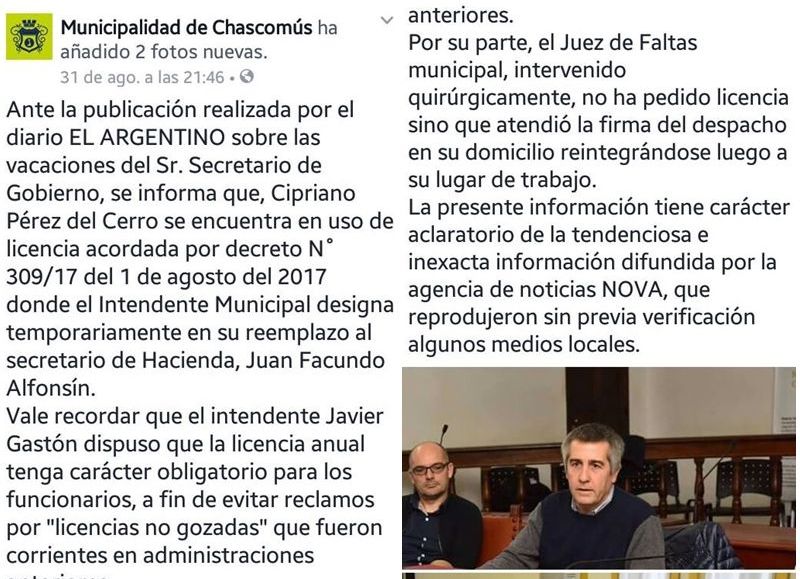 Cipriano Pérez del Cerro levantó el tubo y mandó a los empleados del intendente Javier Gastón a atacar a este medio.
